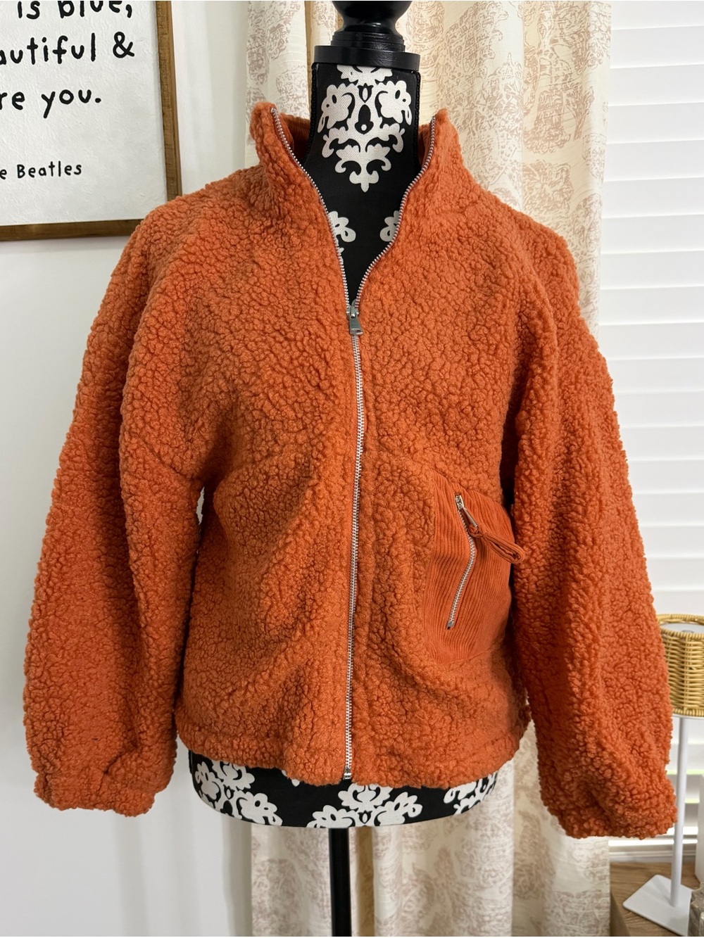 Women's Sherpa Zip-Up Teddy Jacket in Rust Orange